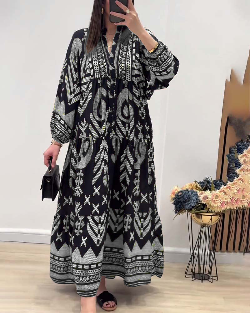 Robe imprimée à manches longues et col V