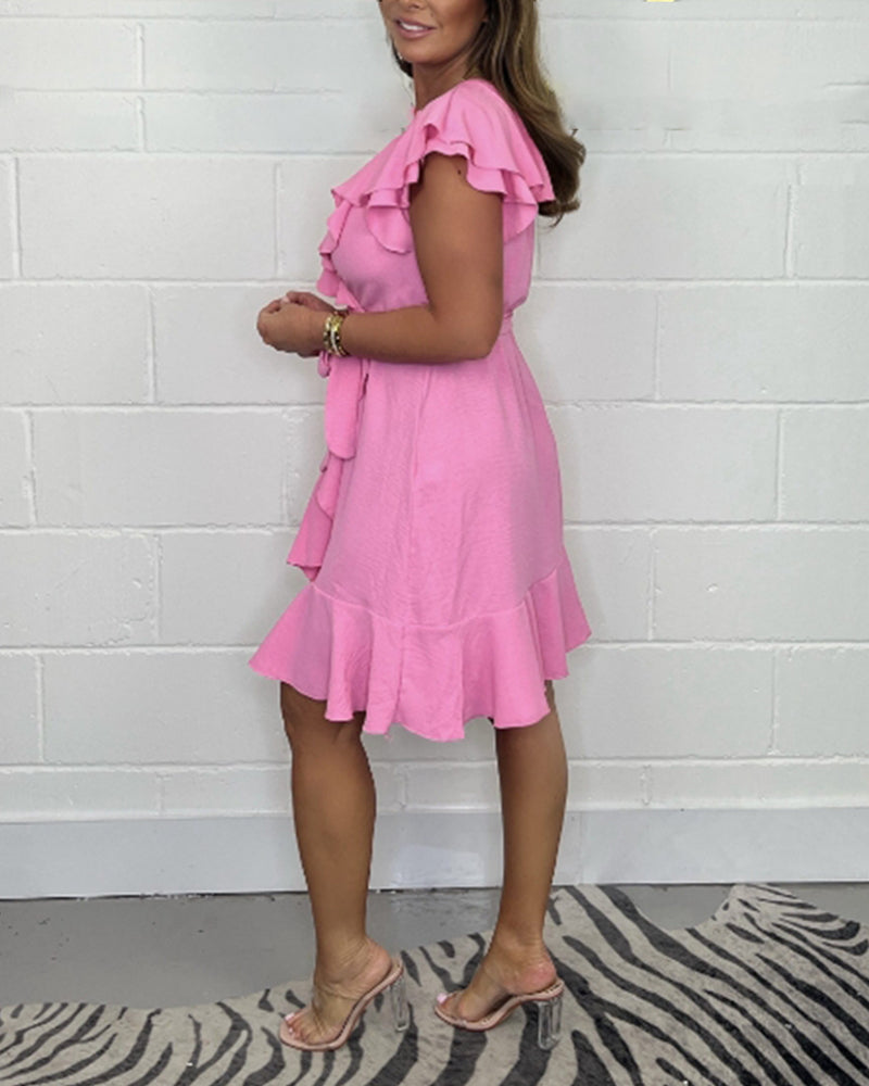 Robe col V couleur unie à volants