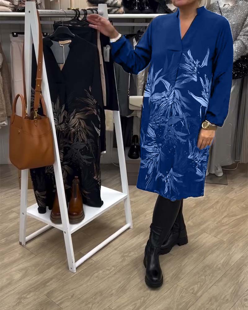 Robe Col V Imprimé Feuilles Manches Longues