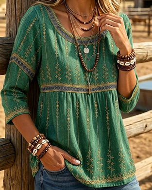 Blouse Col Rond Trois Quarts Manches Retro