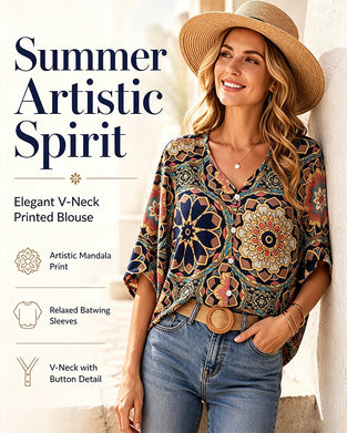 Blouse à demi-manches boutons avec col en V et imprimé rétro