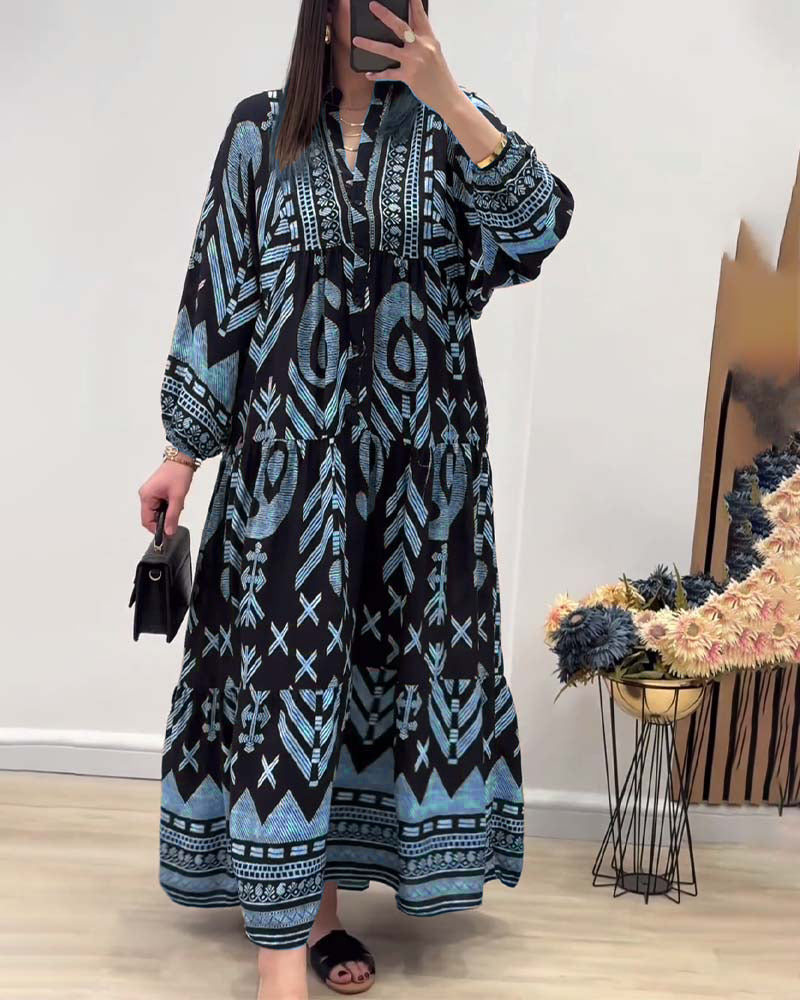 Robe imprimée à manches longues et col V