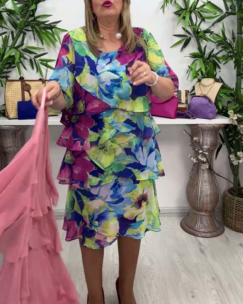 Robe à imprimé floral, col rond, manches mi-longues et volants