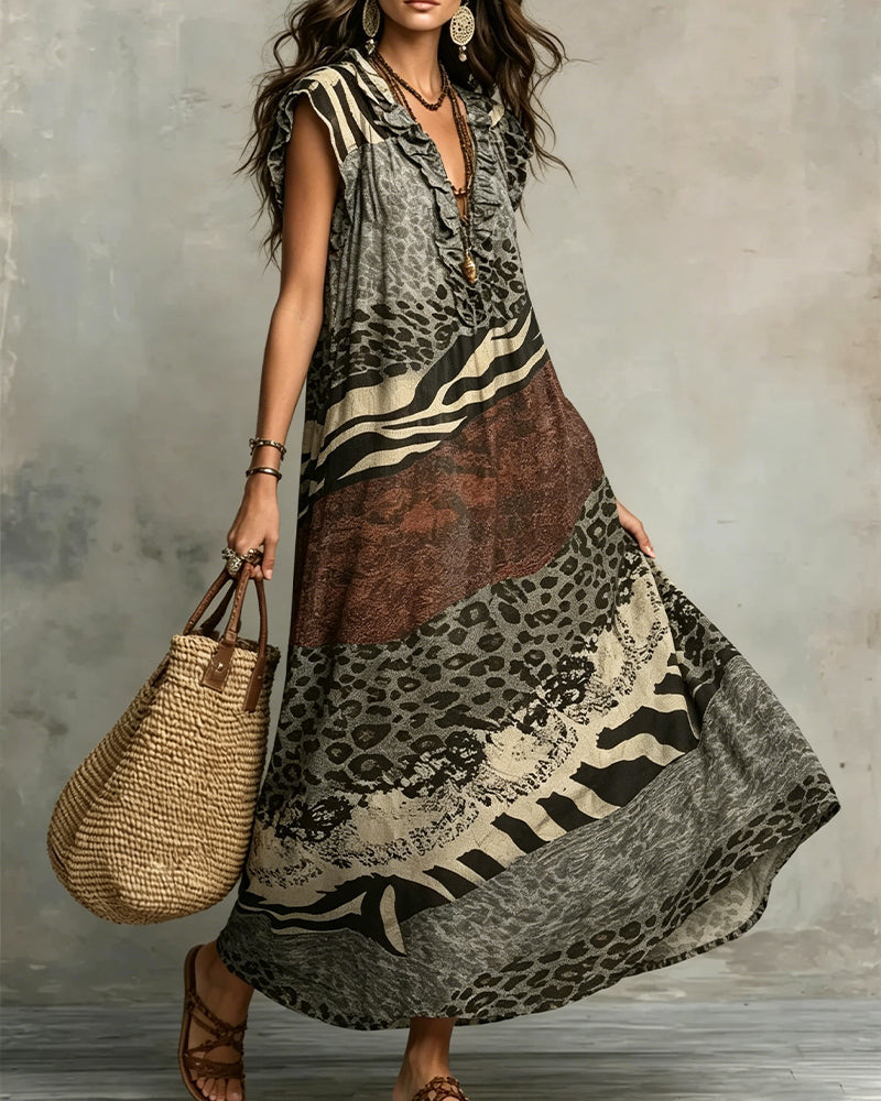 Robe Col En V Volant Motif Patchwork