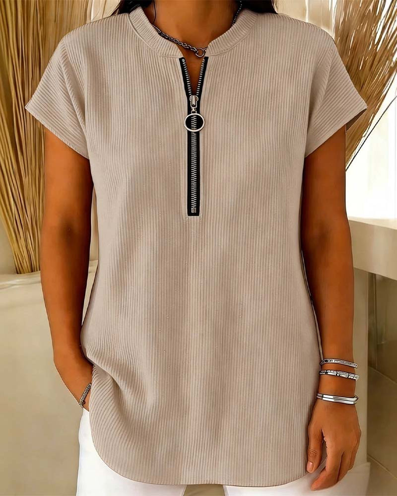 Blouse Unie Manche Courte Fermeture Éclair
