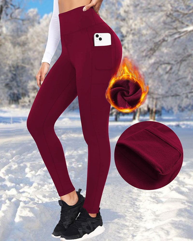 Femme Taille Haute Doublé Polaire Leggings Avec Poches