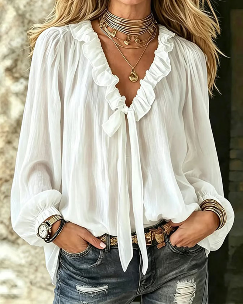 Blouse Col Volant Attache Manche Longue