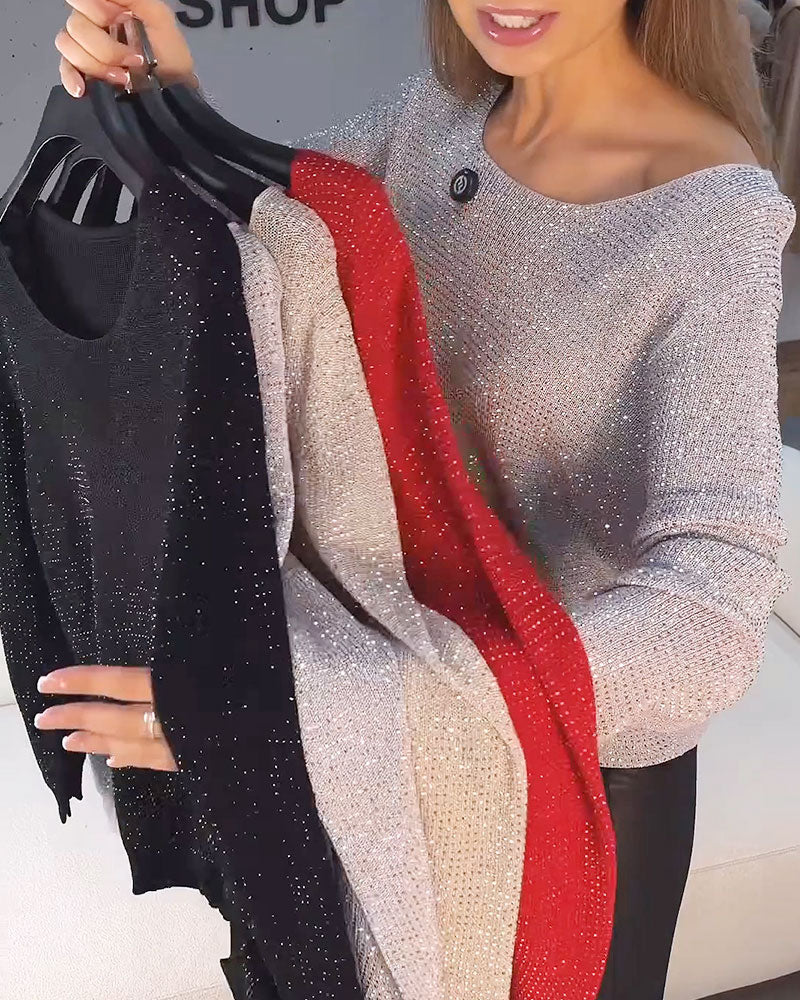 Pull Brillant Unie Manches Longues Coupe Loose