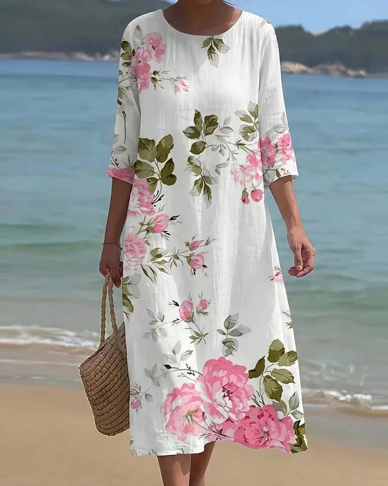 Robes Col Rond Imprimé Manche Trois Quarts Ample