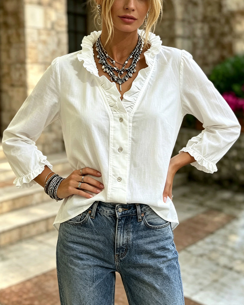 Blouse Volant Garniture Bouton Unie Manche Longue