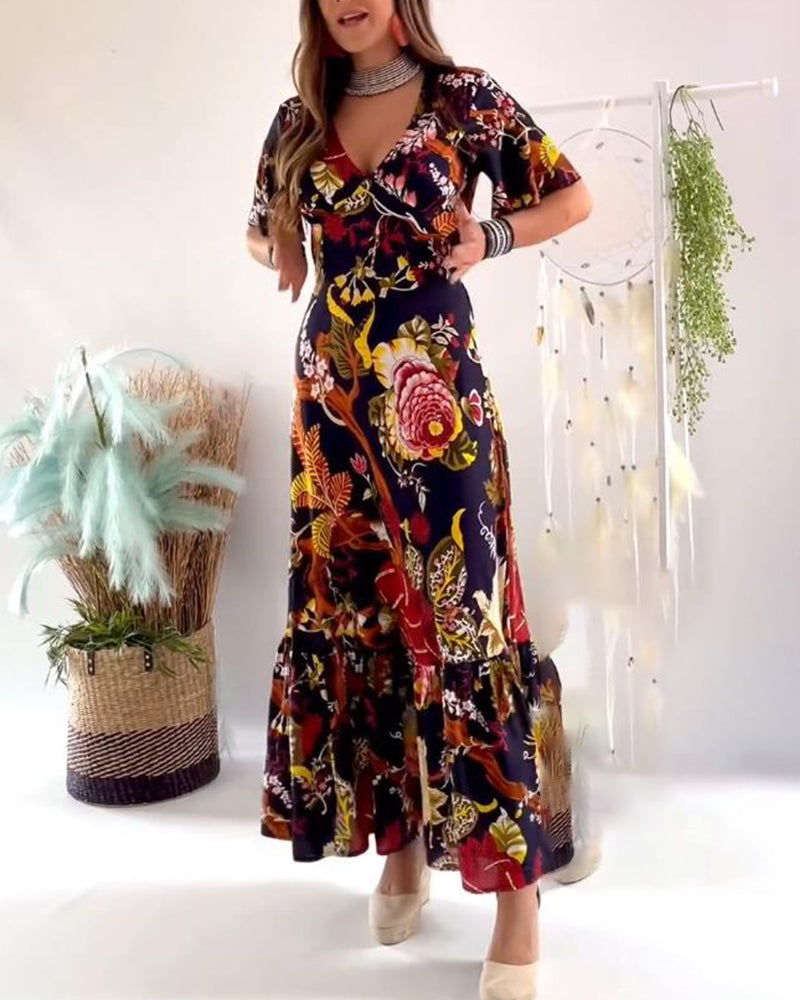 Robe élégante imprimée à col en V et à manches courtes