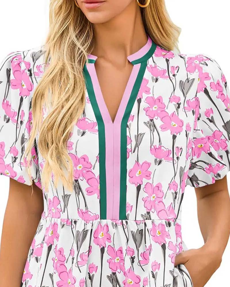 Robe Col V Floral Manche Ballon Patchwork