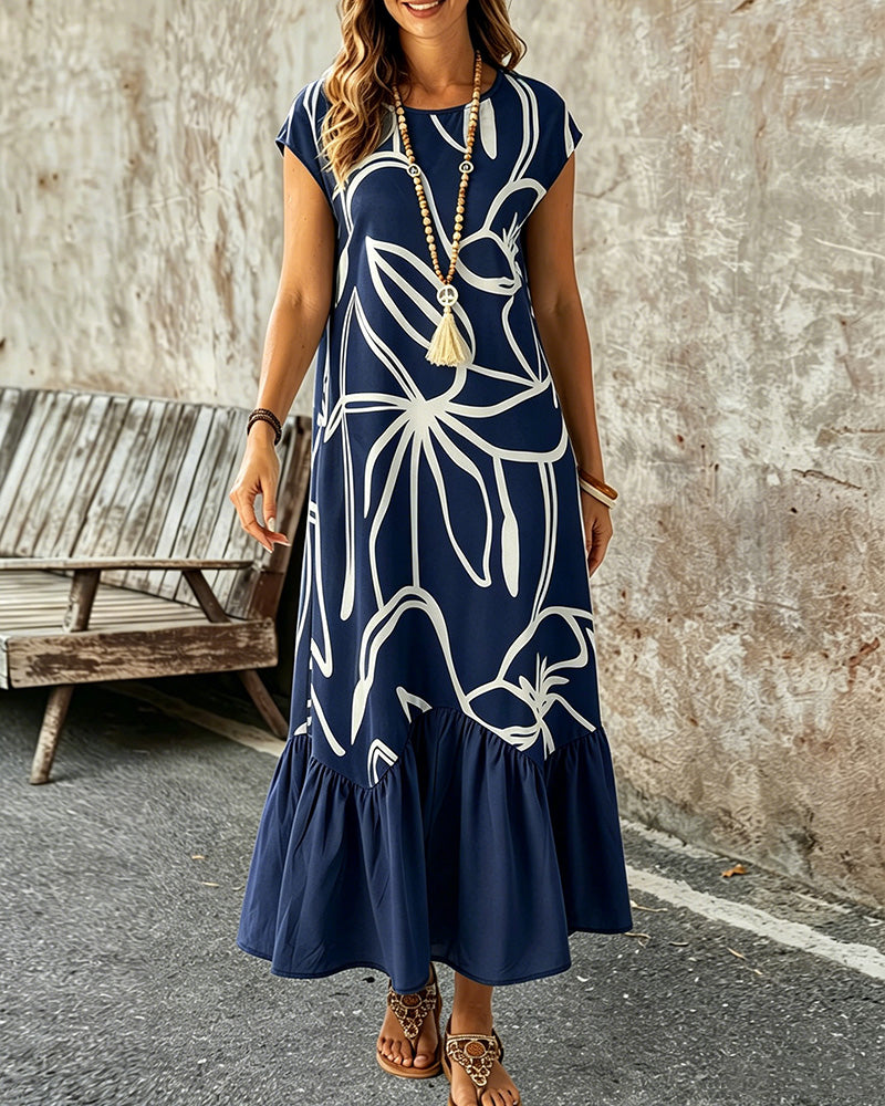 Robe Col Rond Géométrique Imprimé A-Ligne