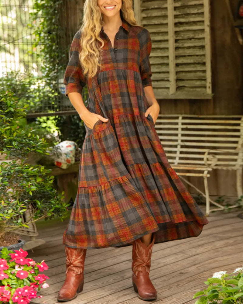 Robe À Revers Carreaux Manches Mi-Longues