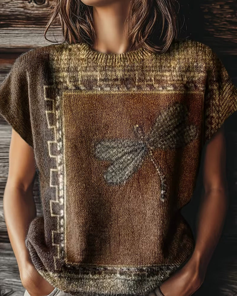 Pull-Over Imprimé Libellule Col Rond Manches Courtes