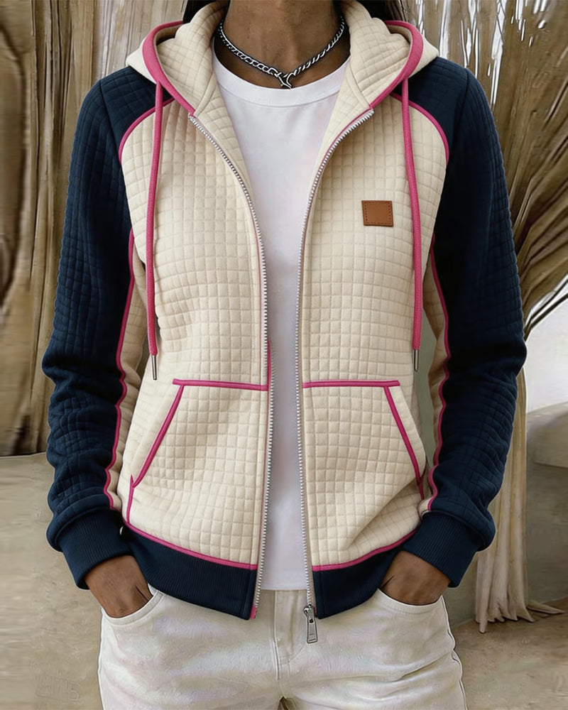 Manteau Blocs De Couleurs Gaufré À Capuche Fermeture Éclair