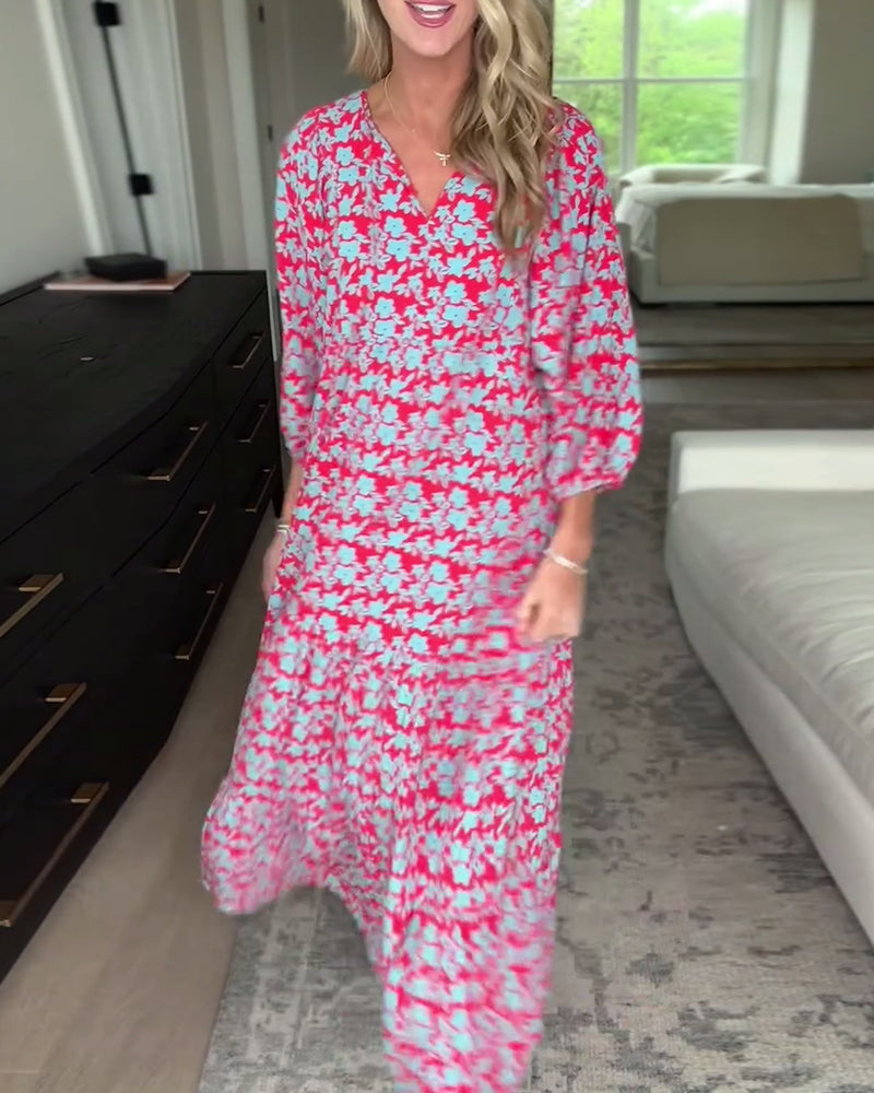 Robe fleurie à col en V et manches lanternes