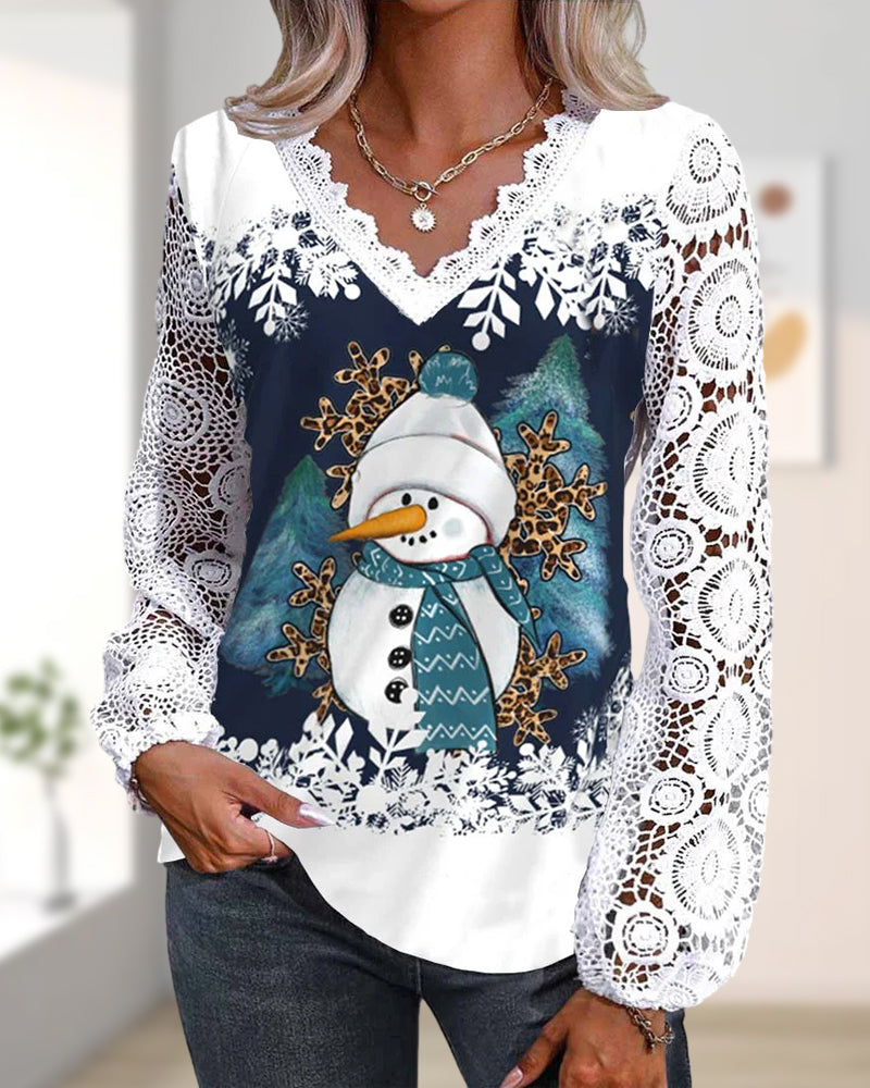 Blouse avec dentelle et motif bonhomme de neige