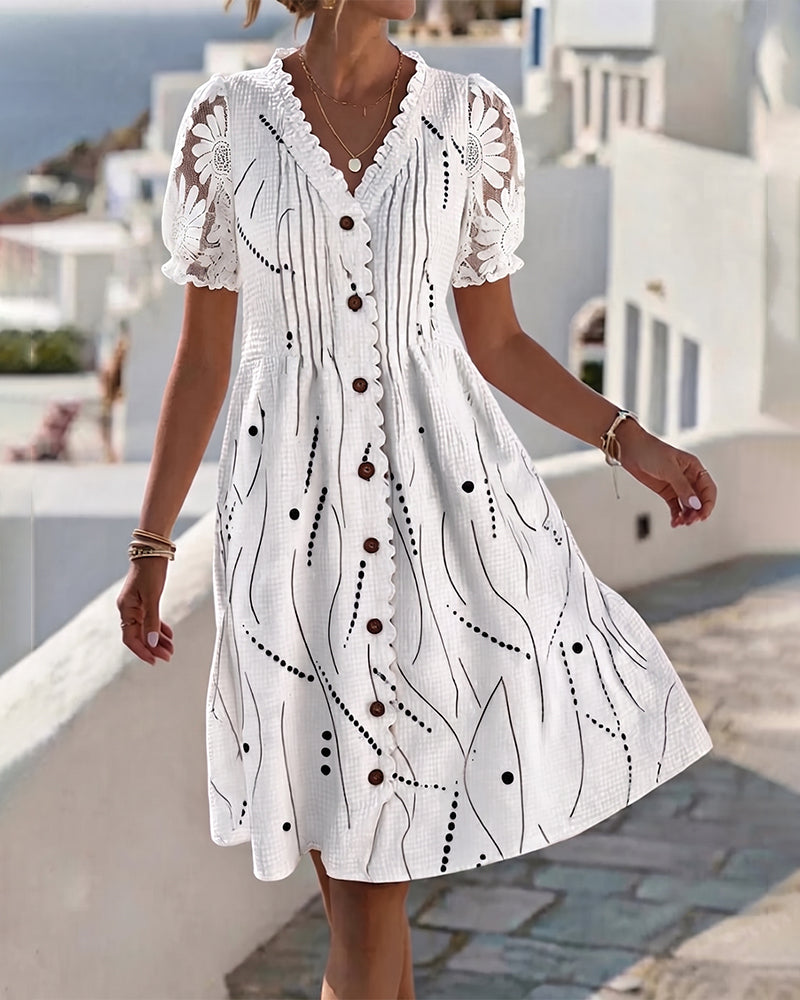 Robe Manche Bouffante Dentelle Patchwork Imprimé