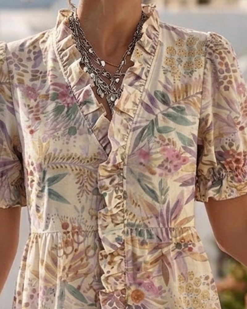 Robes Taille Cintrée Manche Bouffante Volant Floral