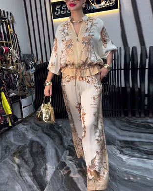 Costume à Pantalon Large Tempérament Col Montant Fermeture Éclair