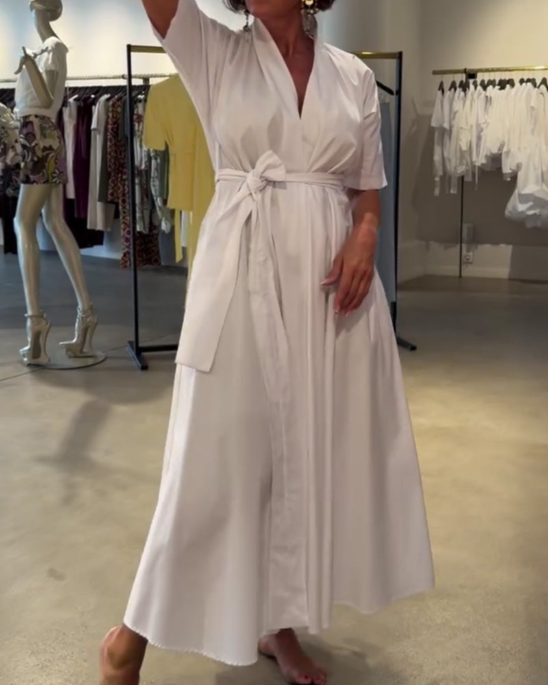 Robe Col En V Attacher Taille Jupe Ample
