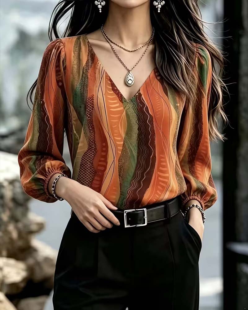 Haut Col En V Manche Bouffante Bloc De Couleur Manches Longues