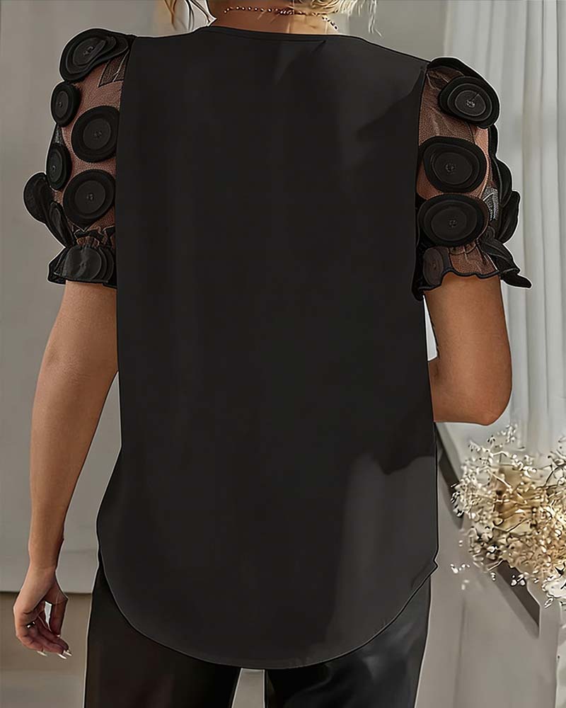 Blouse Manche Bouffante Mesh Col En V