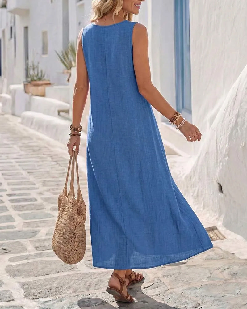 Robe Col Rond Sans Manches Froncée Jupe Ample