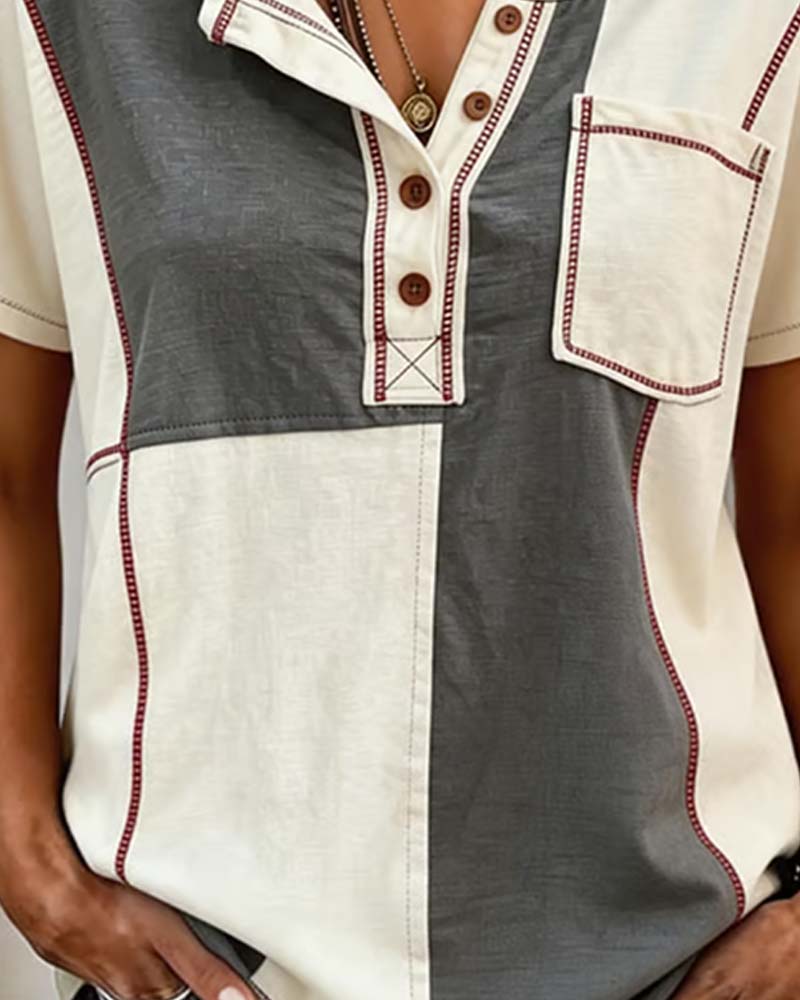 T-Shirt Couleur-Contraste Col-Rond Bouton Patchwork
