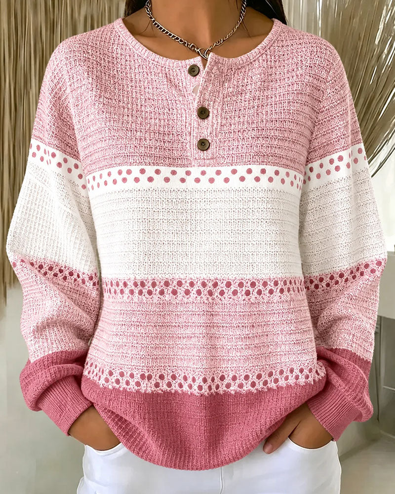 Sweatshirt Bloc De Couleur Tricot Gaufré Henley Pullover