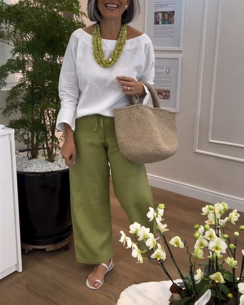 Pantalons à Jambes Larges de Style Casual en Couleur Uni et avec Cordon de Serrage