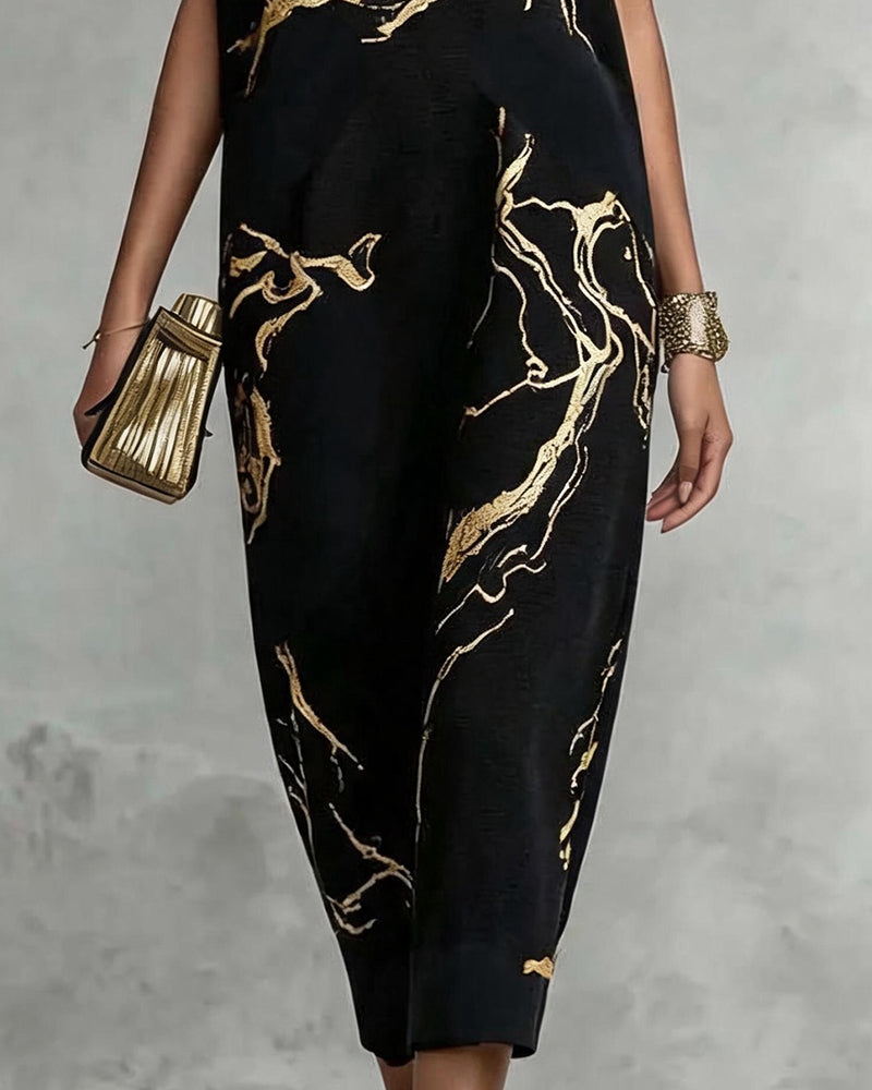 Robe Chauve-Souris Manches Courtes Col Rond Imprimé Longue