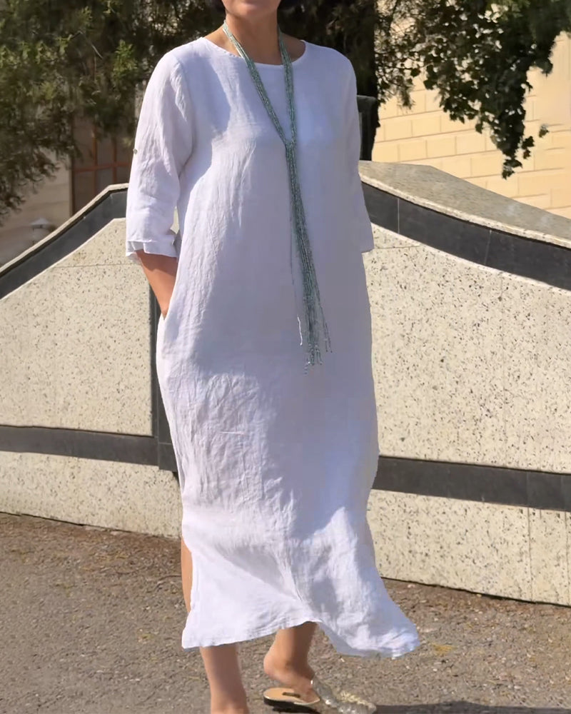 Robe Col Rond Unie Manche Coude Lâche