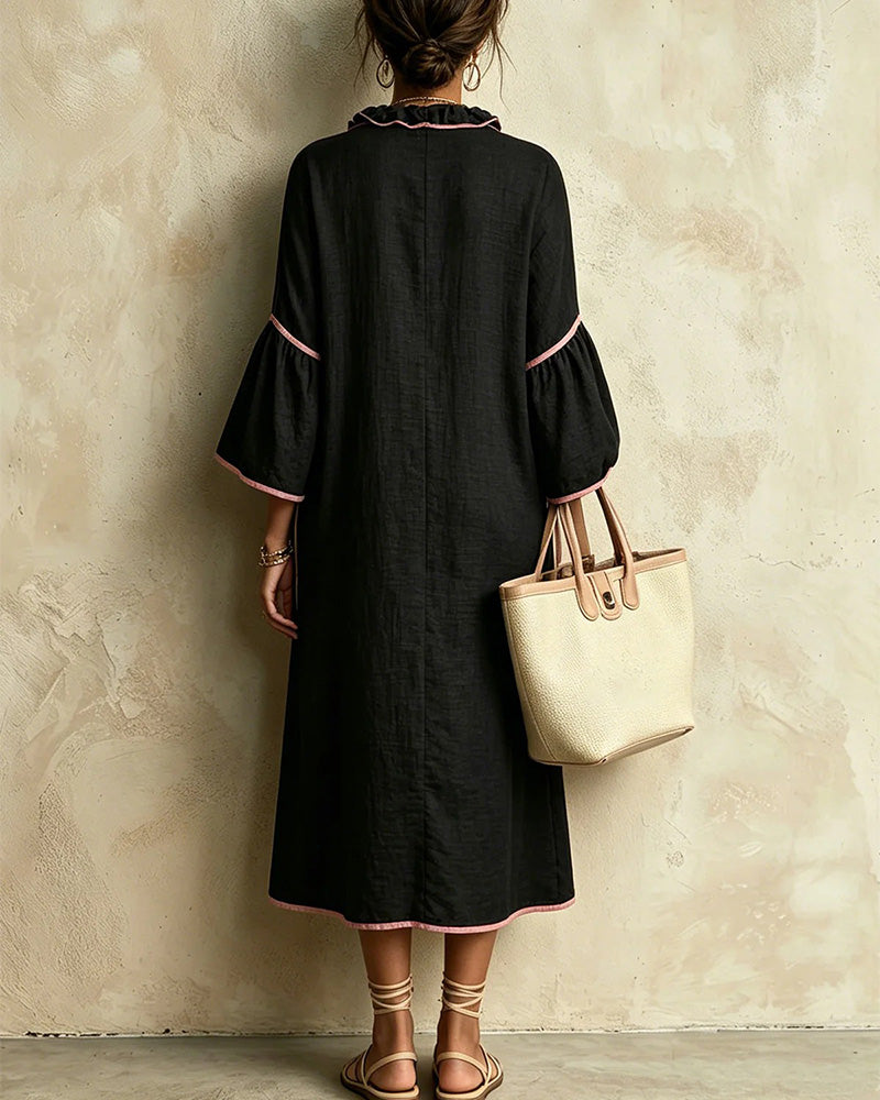 Robe Col V Volant Bloc De Couleur Irrégulière
