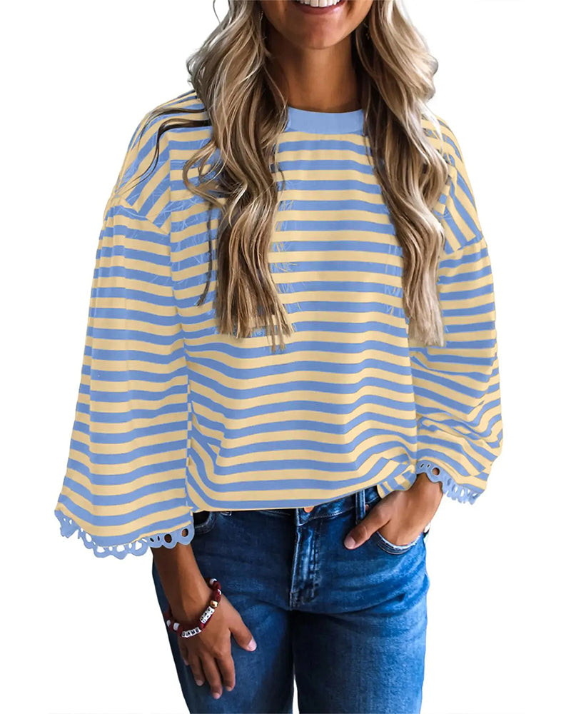 Blouse Col Rond Épaule Tombante Rayure Découpe