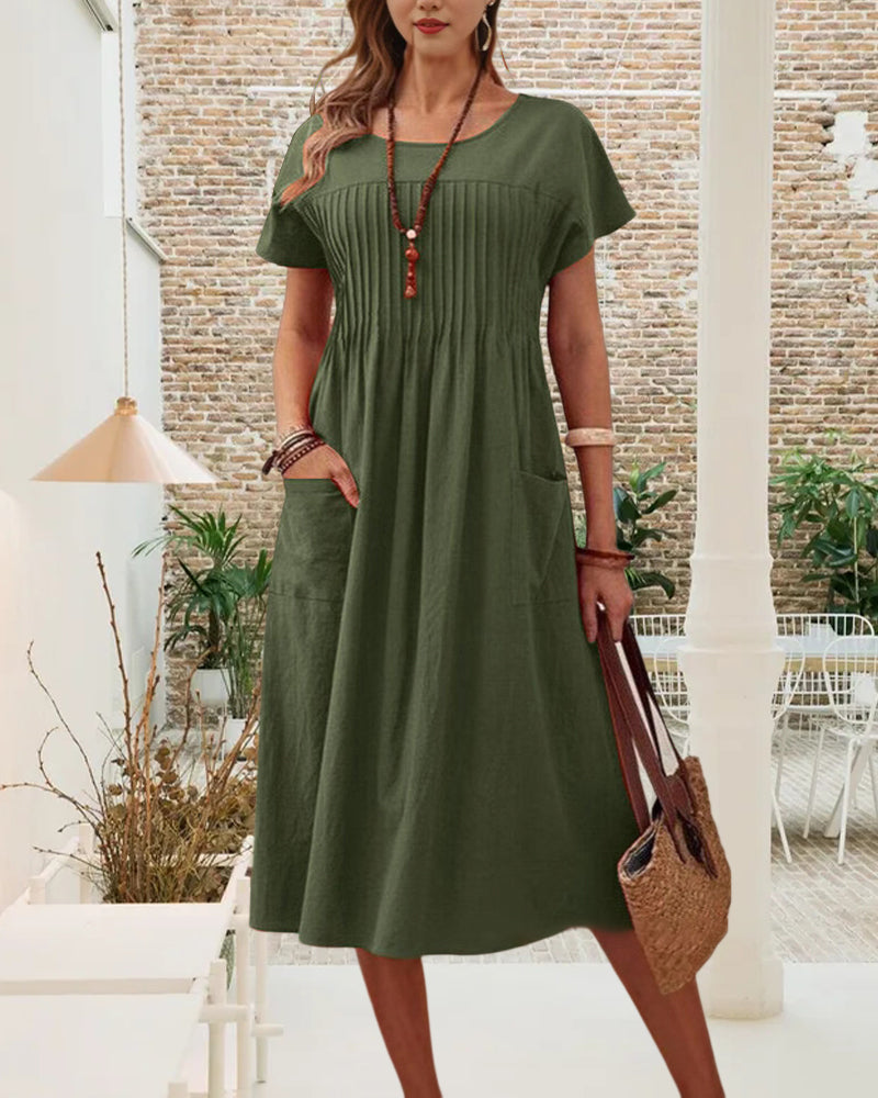 Robe Plissée Manches Courtes Coton Et Lin