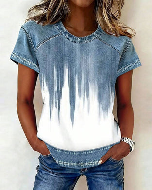 T-Shirt Denim Patchwork Tie-Dye Manche Courte