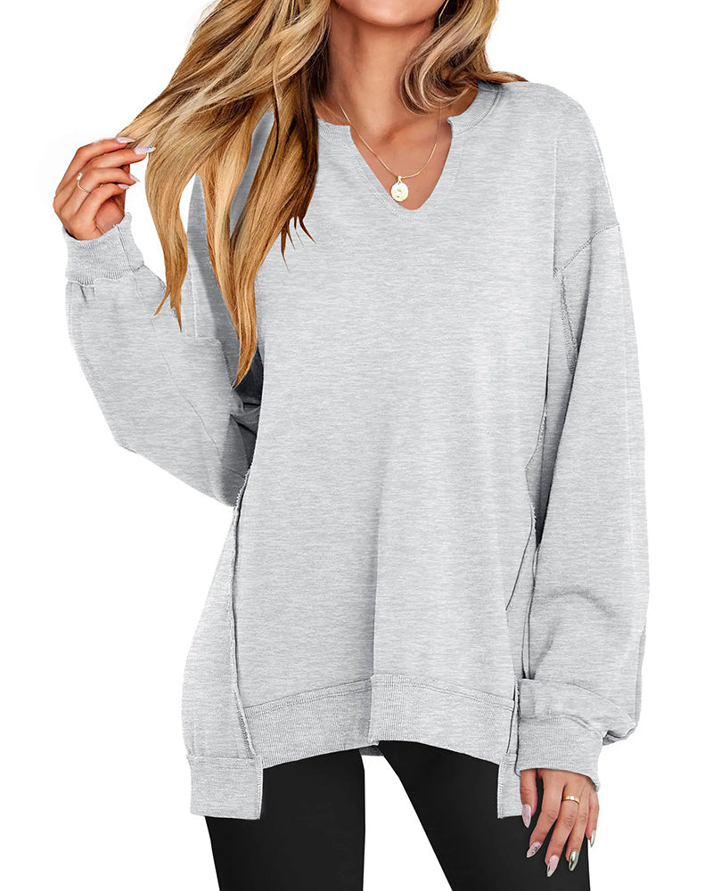 Sweat Petit Col V Ample Décontracté Manches Longue