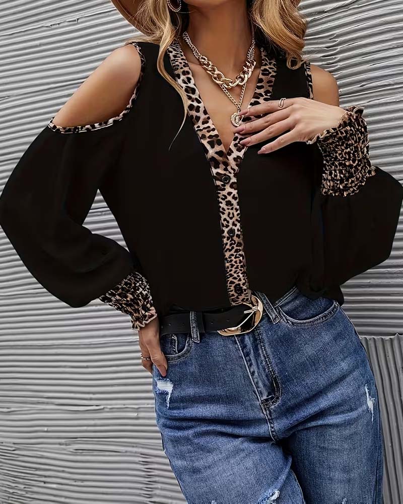 Blouse Hors Épaule Léopard Patchwork Manches Longues