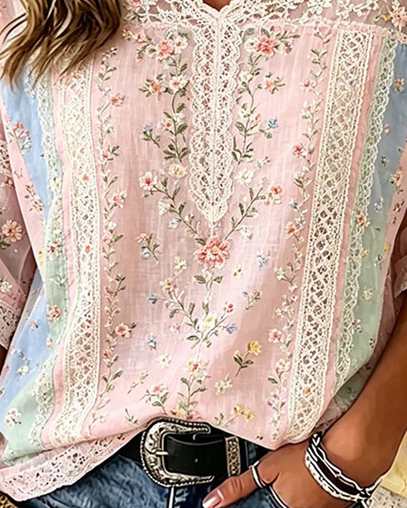 Blouse Col V Dentelle Patchwork Contraste Florale