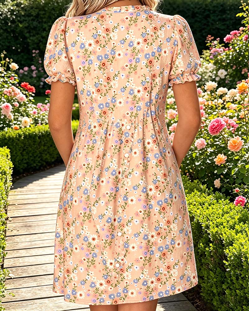 Robe Florale Col V Manche Bouffante Froncée