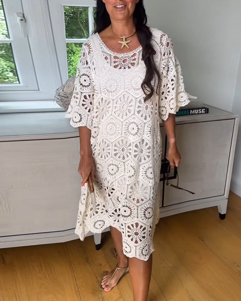 Robe En Coton Ajourée À Manches Mi-Longues