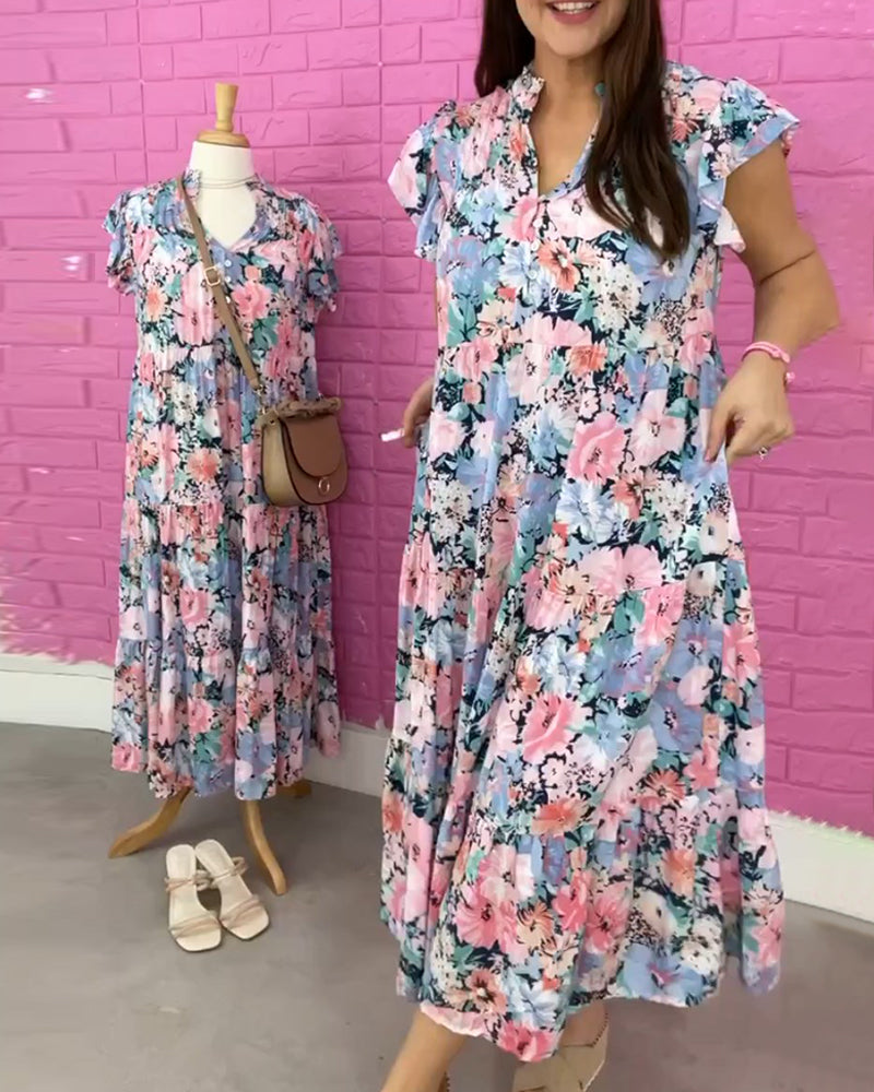 Robe décontractée à manches courtes et col en V à imprimé fleur