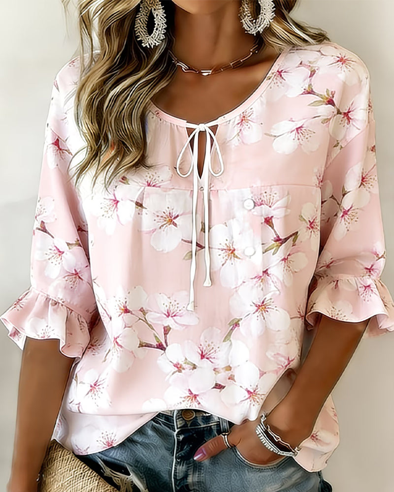Blouse Imprimé Fleur De Cerisier Cravate