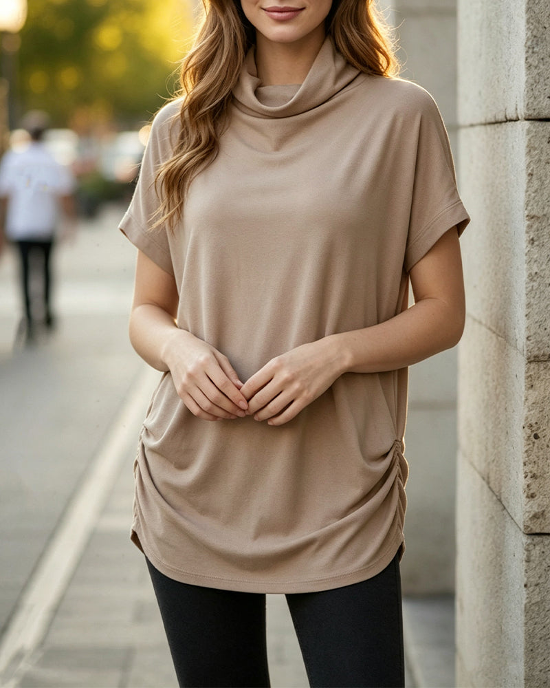 Blouse Col Mock Manches Courtes Côté Froncé