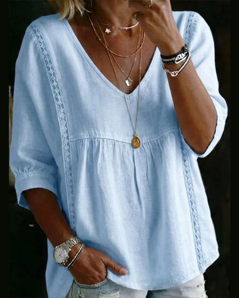 Blouse Col V Dentelle Creux Plissé