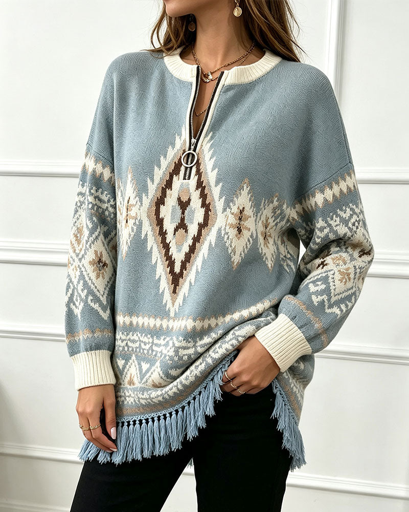 Pull Géométrique Jacquard Demi-Zip Bord Frangé