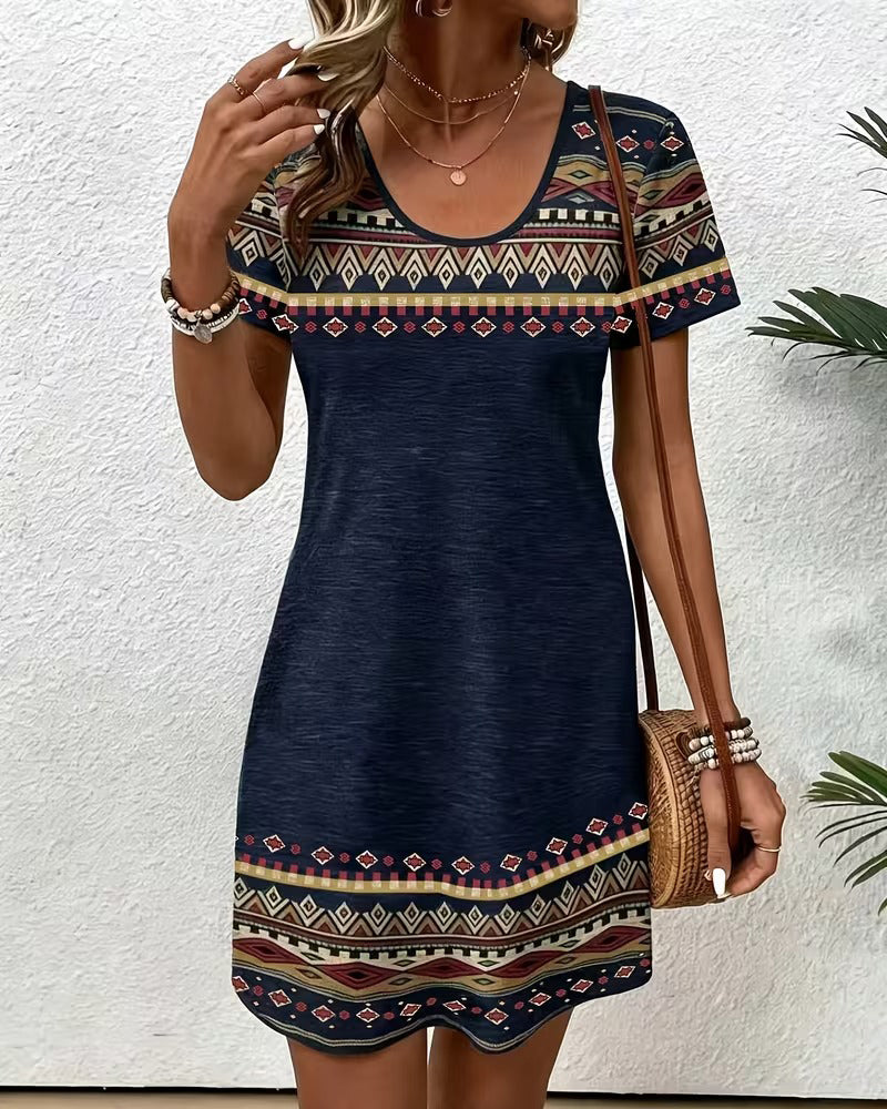 Robe Col En U Ethnique Bloc De Couleur Coupe A