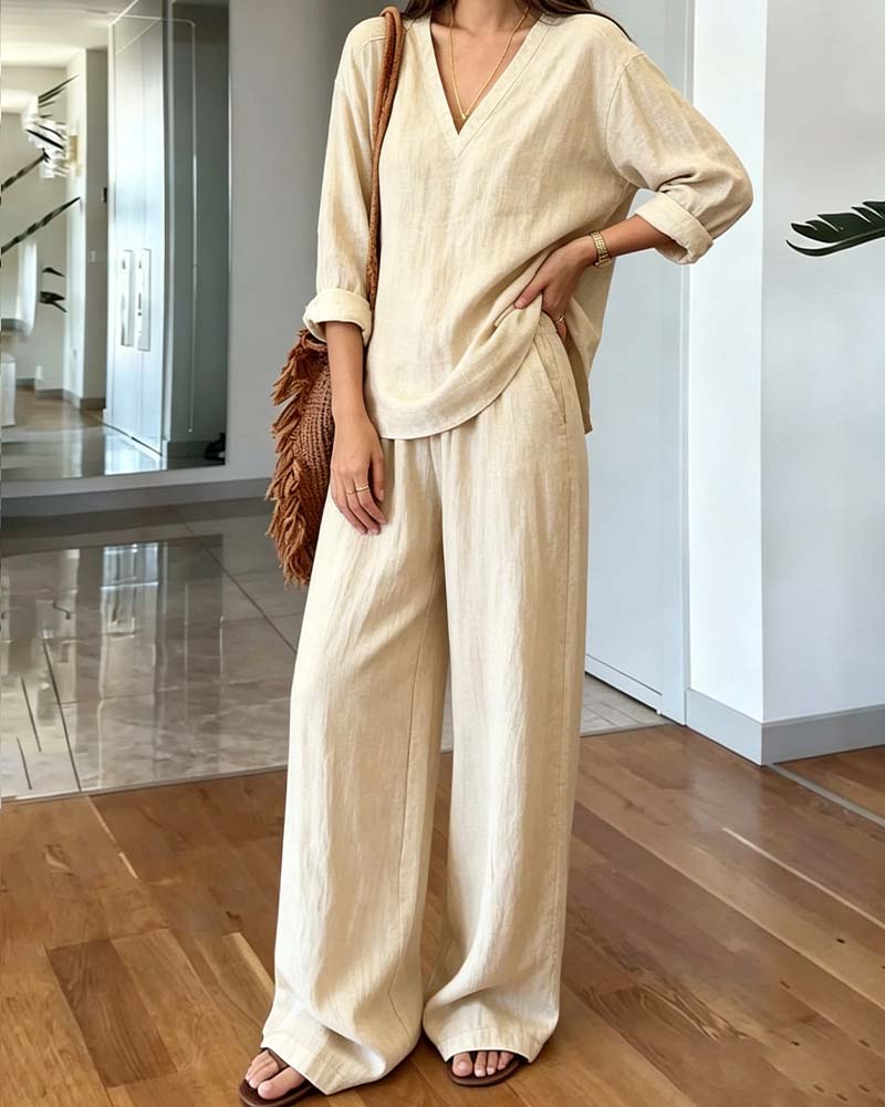 Ensemble Col‑V Uni Longues Manches Jambes Larges